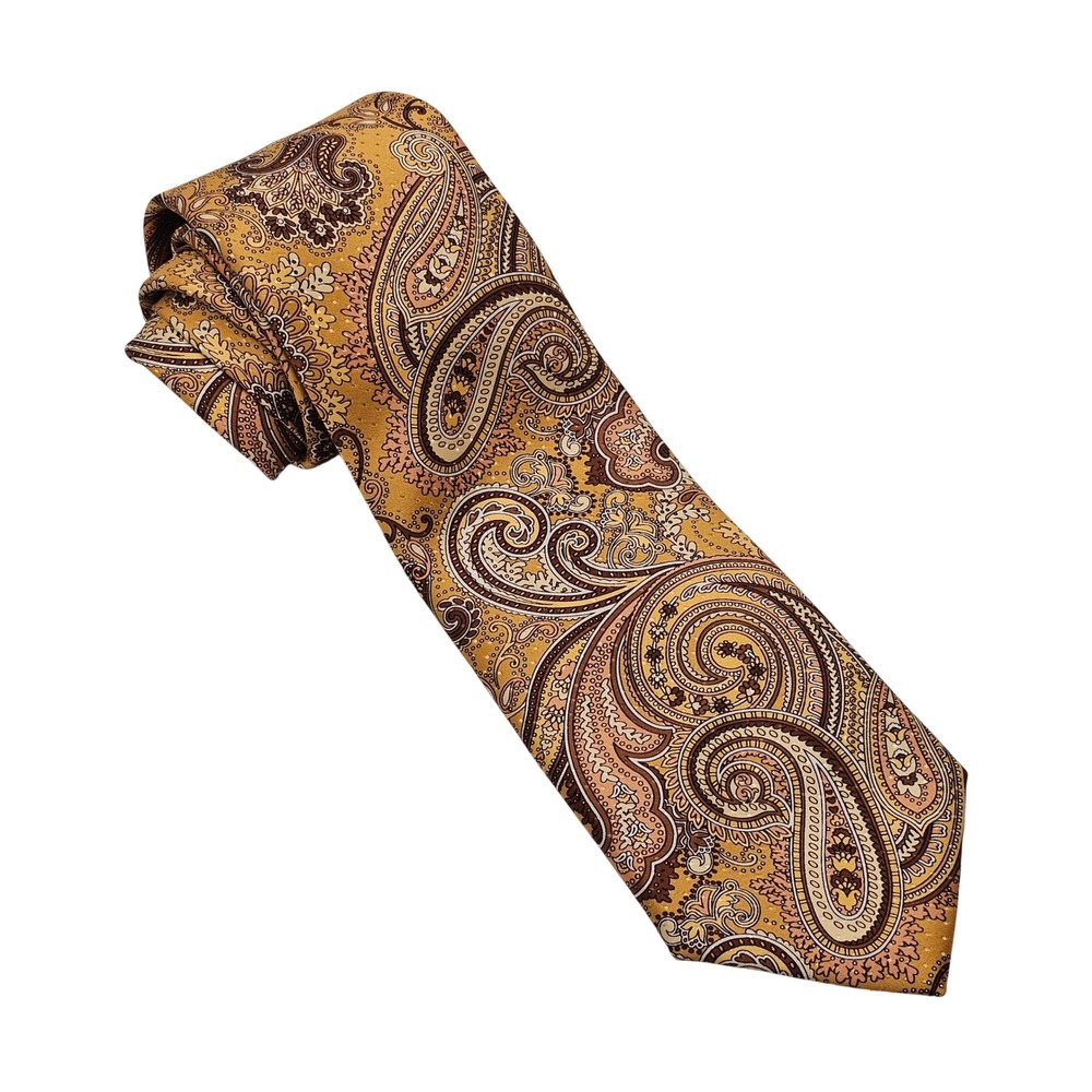 Brioni Silk Tie  Gold Brown Paisley Handmade Italy Luxury Formal Designer Office